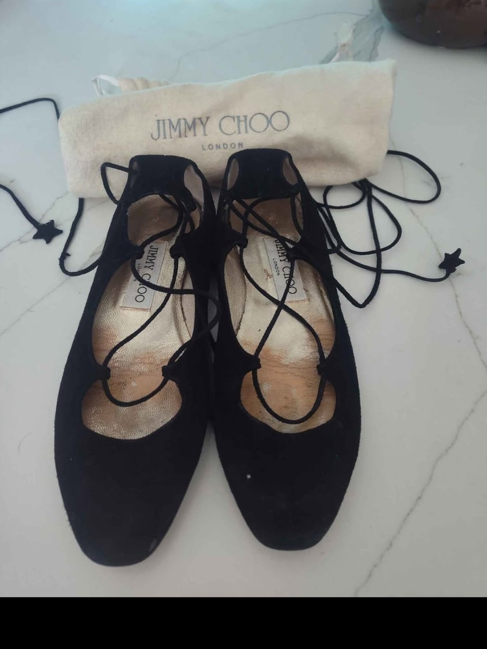 Jimmy Choo Black Suede Lace-Up Ballet Flats